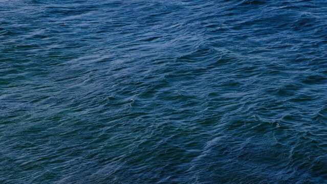 Dark blue water. Sea, ocean surface texture with waves. Slow motion