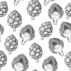 Artichoke seamless pattern. Hand drawn background. Vector illustration. Hand drawing sketch illustration. Artichoke vegetable hand drawn backdrop.