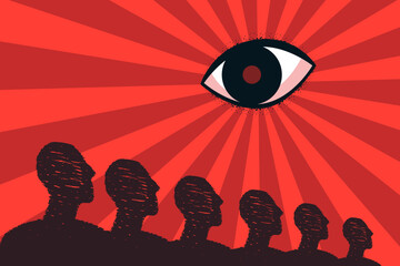 An eye looking at a stylized crowd, a symbol of control in a totalitarian state. Unity of citizens, dependence on the authorities, pressure on the masses of people. - obrazy, fototapety, plakaty