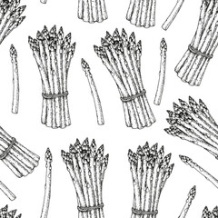 Asparagus seamless pattern. Hand drawn background. Vector illustration. Hand drawing sketch illustration. Asparagus vegetable hand drawn backdrop.