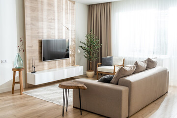Sofa in the living room in a modern apartment with a convenient location