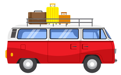 vanlife illustration. transparent png of a red combi with suitcases on the roof