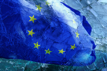 EU flag is reflected in broken glass. Symbol of the split of the European Union  - obrazy, fototapety, plakaty