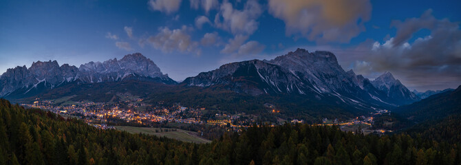 Autumn night Cortina d'Ampezzo Dolomites mountain town, Belluno, Italy.