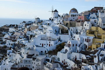 Scenic view of the authentic white houses in the Santorini villages Oia and Thira, on Santorini island, Greece