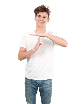Happy young guy with a gesture of breaktime