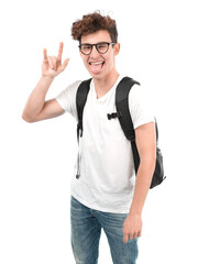 Naughty young student with a gesture of rock