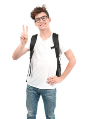 Happy young student with victory gesture