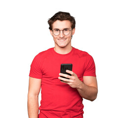 Happy young man using his mobile phone