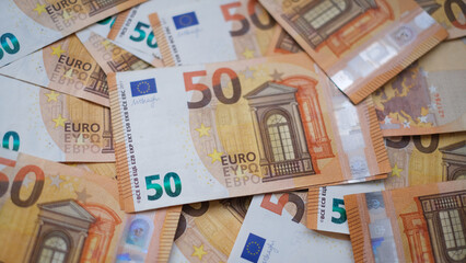 The background consists of many euro banknotes of different denominations. Finance and business concept