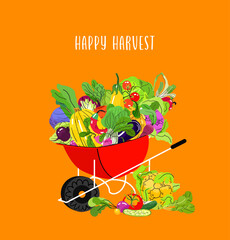 Happy Harvest greeting card. Template for prints on t-shirts and bags, posters, cards. Vegetable season. Fall vector design. Vector thanksgiving illustration