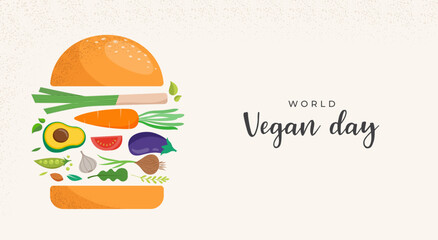 World Vegan Day, Concept Design with vegetable hamburger. For Social Media promotions, sticker, banner, greeting cards