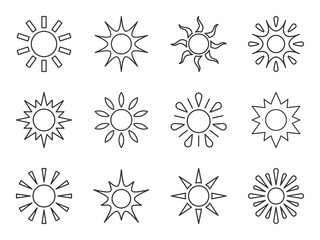 Sun line icon set. Various shape sunshine star. Cartoon summer sunlight nature sky. Simple graphic solar circle sign. Sunny heat rays weather app symbol. Logotype sunrise sunset isolated on white.