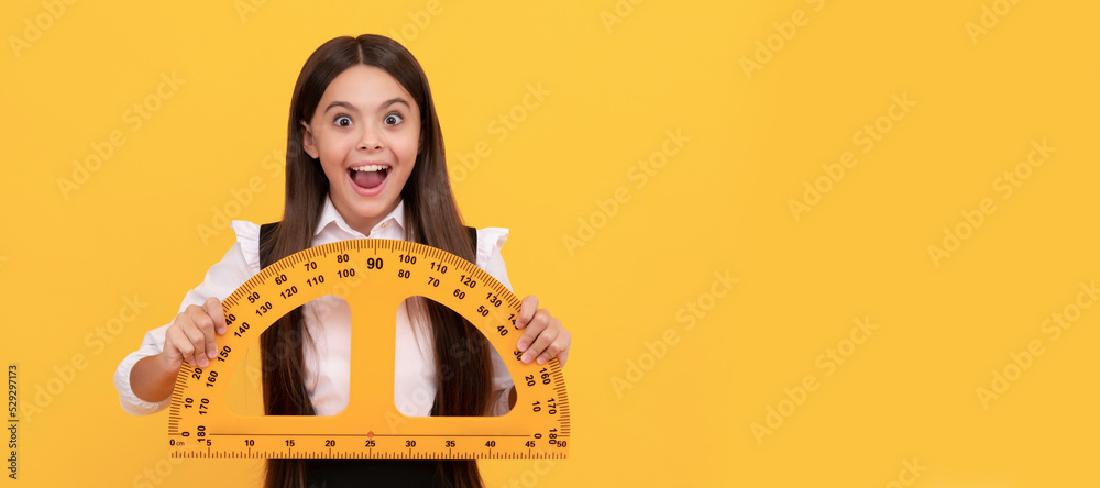 Sticker measuring and sizing. education for child. mathematics. amazed teen girl hold protractor. portrait o