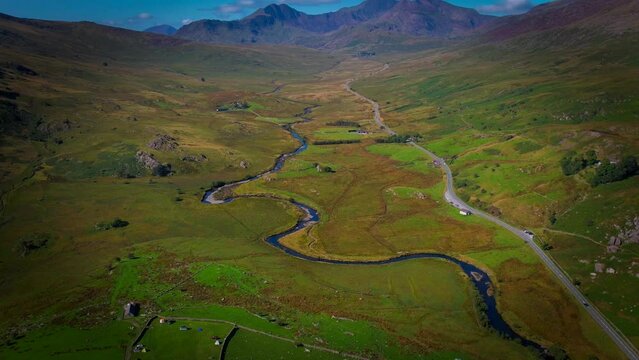 Llynnau Mymbyr valley, Capel Curig, Snowdonia aerial view 
