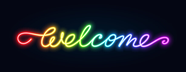 Welcome neon title with glowing backlight. Night bright rainbow spectrum advertising signboard. Fluorescent shiny light invitation luminous handwritten line swashes text banner, landing page header