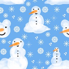 Winter seamless watercolor snowman and snowflakes pattern for Christmas wrapping paper and kids notebooks