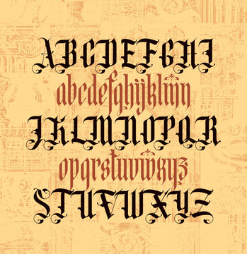 Gothic font. Full set of capital letters and small of the English alphabet in vintage style. Medieval Latin letters. Vector calligraphy and lettering. Suitable for tattoo, label, headline, poster, etc