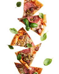 Pizza with salami, bazil leaves and vegetables in levitation