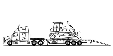 American Flatbed trailer truck abstract silhouette on white background. A hand drawn of a truck car. Trailer with axle extendable trailer rigged. Low Bed Trailer Truck with bulldozer © Art_freeman