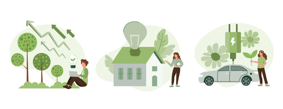 Green energy illustration set. Characters showing eco private house, electric car and green circular economy benefits. Renewable energy concept. Vector illustration.
