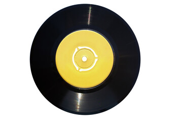 Single vinyl record (45 rpm) with empty yellow label suitable for texts. Isolated on white...