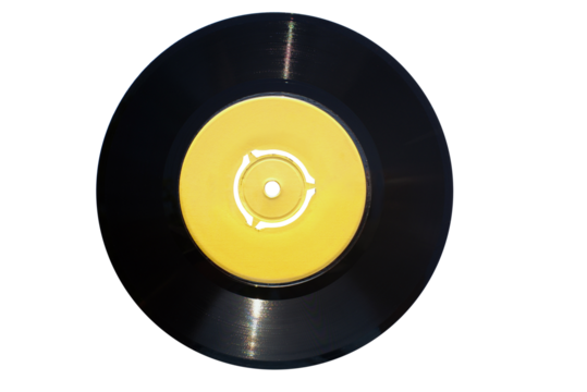 Single vinyl record (45 rpm) with empty yellow label suitable for texts. Isolated on white background. Clipping path included!