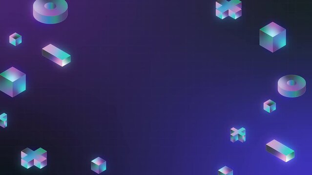 Abstract 3d geometric shapes loop animation. Modern background, seamless motion design, Memphis style. 4k poster banner. isometric shapes, objects. Purple, dark, blue, Iridescent color
