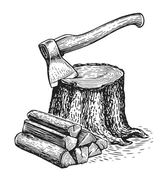 Ax sticks out in tree stump and firewoods. Wooden logs and timber. Natural lumber, carpentry materials set. Woodworking