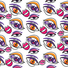 Awesome seamless pattern with esoteric eye different shapes, Magic, witchcraft, occult symbol, colorful line art. fabric, paper, textile. Vector Modern mythic graphic background illustration