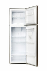Brand new empty silver refrigerator with open door isolated on white background.