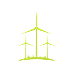 Windmill green icon eco recycle farm emblem flat. Wind to electricity recycling careful consumption environmentally friendly fuel company logo website business concept simple stylish isolated on white