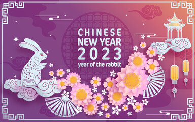 Happy chinese new year 2023 year of the rabbit zodiac with on color Background.
