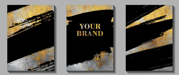 Gold vintage texture. Set of grunge luxury background for business, cards, flyers, poster, banner. Luxury cover design. Vector golden frame with black paint brush strokes. Hand drawn illustration. 