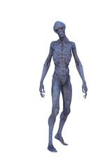 3D rendering of a blue grey alien man looking quizzical isolated.