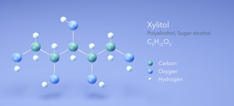 xylitol, alditol, sugar alcohol, molecular structures, 3d model, Structural Chemical Formula and Atoms with Color Coding