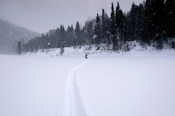 Distant view of woman walking on snow covered field during snowing