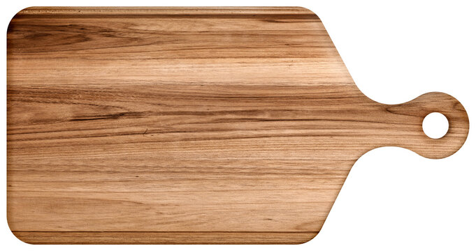 Cherry wood cutting board, handmade wood cutting board. Isolated element. Wooden plank as a kitchen utensil for preparing food.