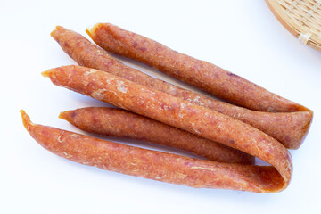 Chinese sausage on white background.