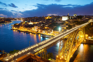 High angle view of illuminated Dom Luis I Bridge over Douro River
