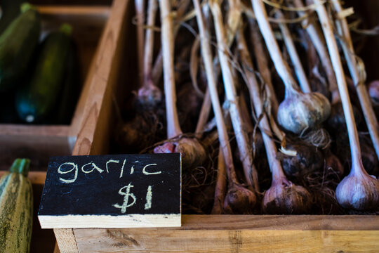 High angle view of garlic for sale in market