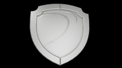 Metallic silver shield badge on black background
