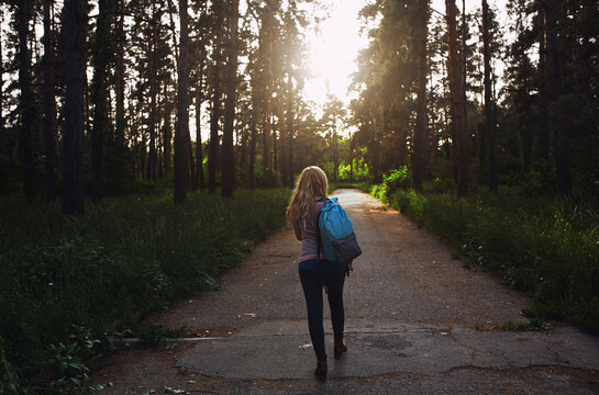 Rear view of woman with backpack walking on country road amidst trees in forest