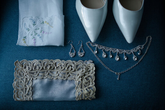High angle view of personal accessories on table during wedding ceremony