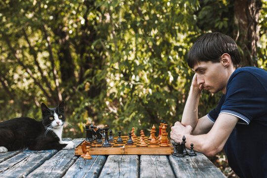 Side view of serious man looking at chess pieces by cat on wooden table at backyard