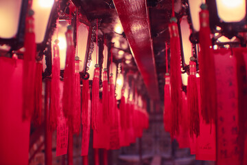 Illuminated red Chinese Lanterns hanging on ceiling