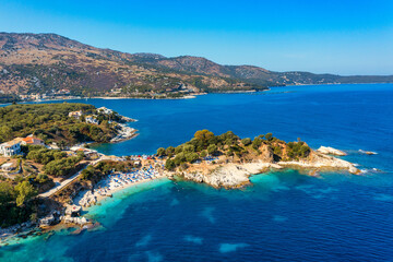Aerial drone view north east coast with Kanoni, Mpataria and Pipitos beach, Island of Corfu, Greece. Mpataria, Kanoni and Pipitos beach at Corfu Greece during the day.