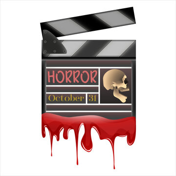 Clapperboard with skull in realistic style. Helloween R-rated horror movie. Colorful vector illustration isolated on white background.