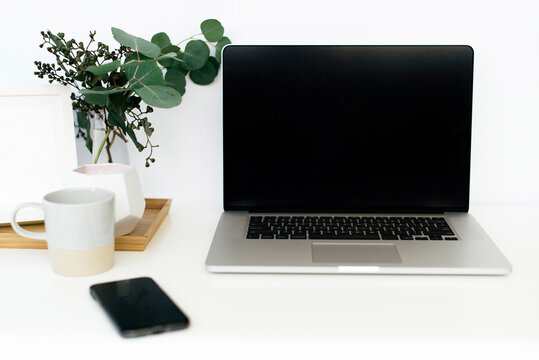 Close-up of laptop computer with eucalyptus twigs and coffee cup on desk