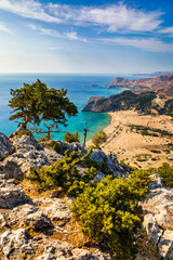 Tsampika beach with golden sand view from above, Rhodes, Greece. Aerial birds eye view of famous...